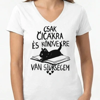 Női V-nyakú póló - Könyvek és cicák