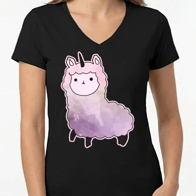 Női V-nyakú póló - Llamacorn cutie körvonallal