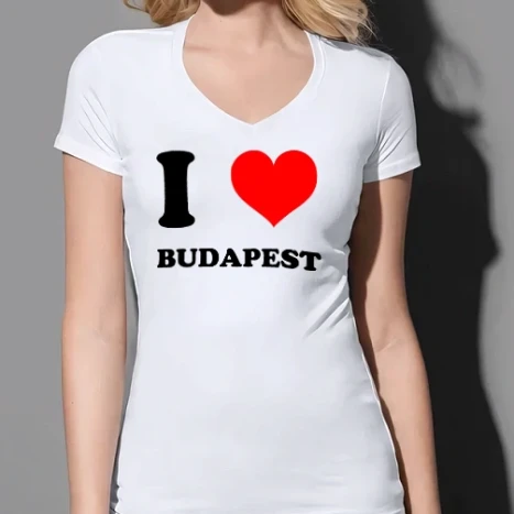 Női prémium V-nyakú póló - I Love Budapest