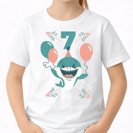 Uniszex gyerek Póló - Birthday Shark 7 éves szülinapra cuki cápa