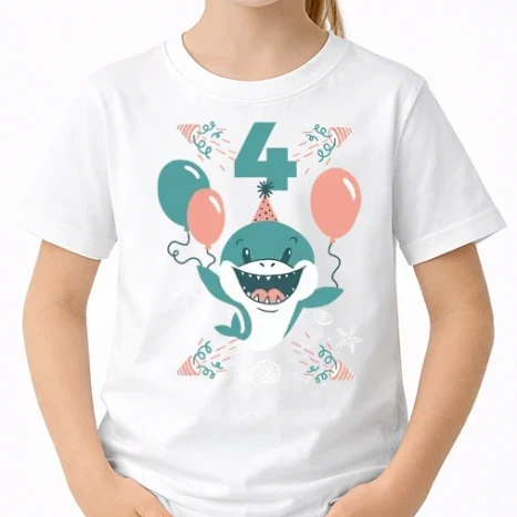 Uniszex gyerek Póló - Birthday Shark 4 éves szülinapra cuki cápa