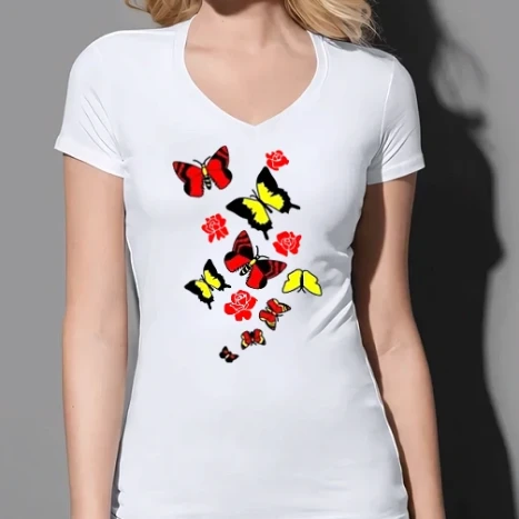 Női prémium V-nyakú póló - Lepkés