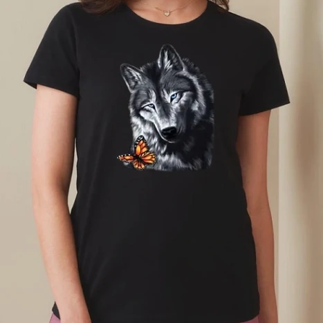 Női prémium kerek nyakú póló  - Wolf and butterfly