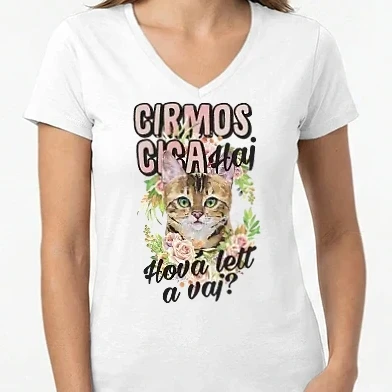 Női V-nyakú póló - Cirmos cica