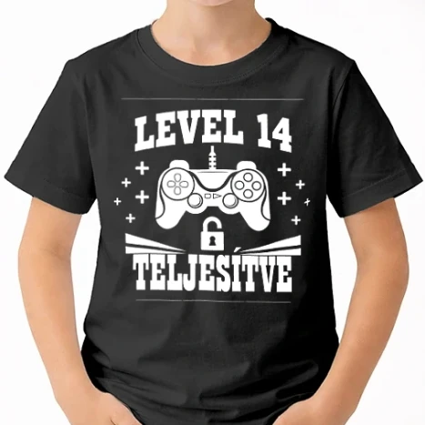 Uniszex gyerek Póló - Level 14 teljesítve színezhető gamer póló