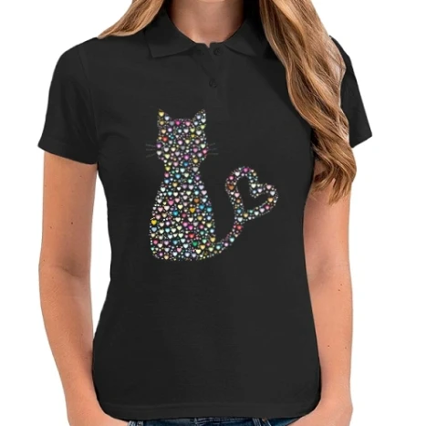 Női galléros póló - Colorful Heart Cat 2