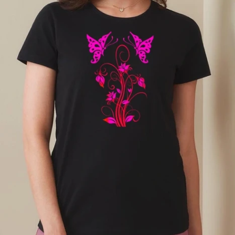 Női prémium kerek nyakú póló  - Virágok és pillangók
