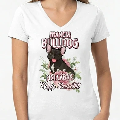Női V-nyakú póló - FLORAL DOGGO francia bulldog