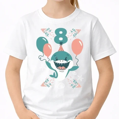 Uniszex gyerek Póló - Birthday Shark 8 éves szülinapra cuki cápa