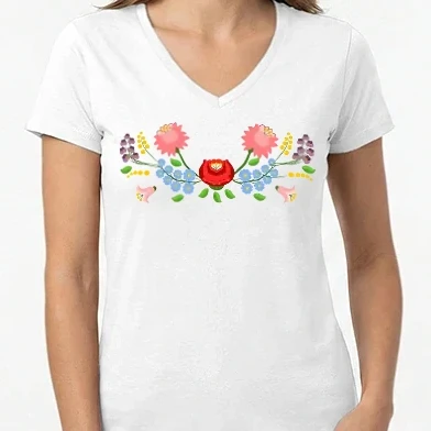 Női V-nyakú póló - Kalocsai minta