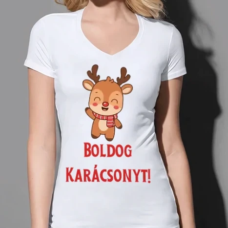 Női prémium V-nyakú póló - Boldog Karácsonyt - Boldog Karácsonyt szarvas