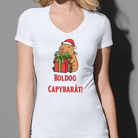 Női prémium V-nyakú póló - Boldog capybarát