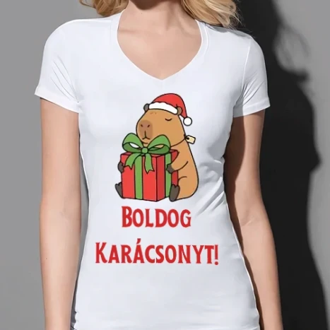 Női prémium V-nyakú póló - Boldog Karácsonyt - Capybara