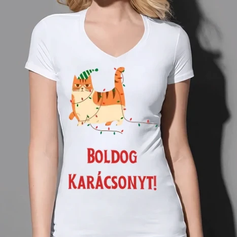Női prémium V-nyakú póló - Boldog Karácsonyt - mérges cica