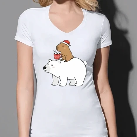 Női prémium V-nyakú póló - Karácsonyi capybara jegesmedvével