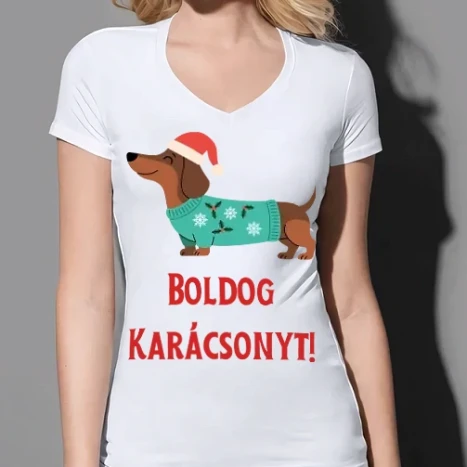 Női prémium V-nyakú póló - Boldog Karácsonyt - tacskó
