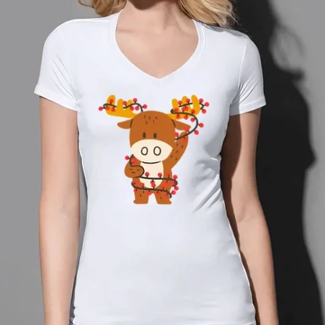 Női prémium V-nyakú póló - Karácsonyi szarvas égősorral