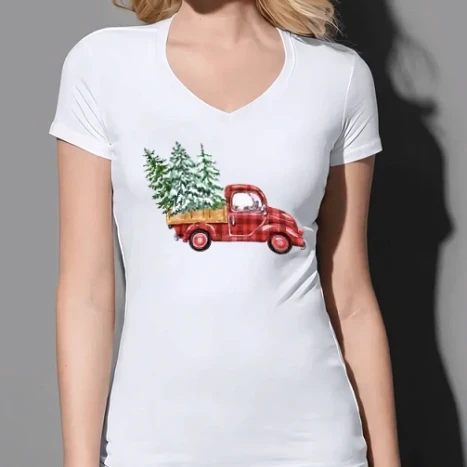 Női prémium V-nyakú póló - Karácsonyi autó