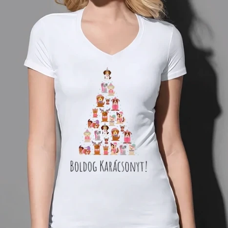 Női prémium V-nyakú póló - Boldog karácsony kutyák