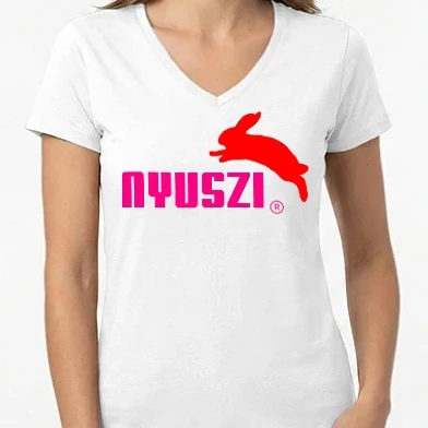 Női V-nyakú póló - színezhető ugró nyuszi