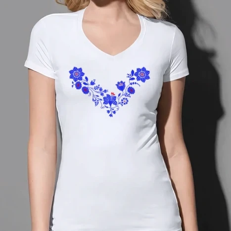 Női prémium V-nyakú póló - Kalocsai virágok 3 színnel C