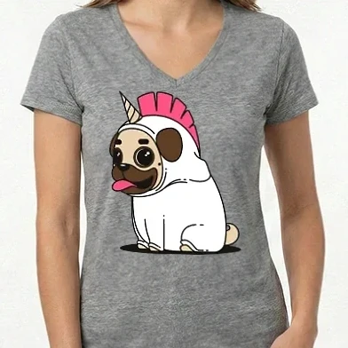 Női V-nyakú póló - Pug Unicorn