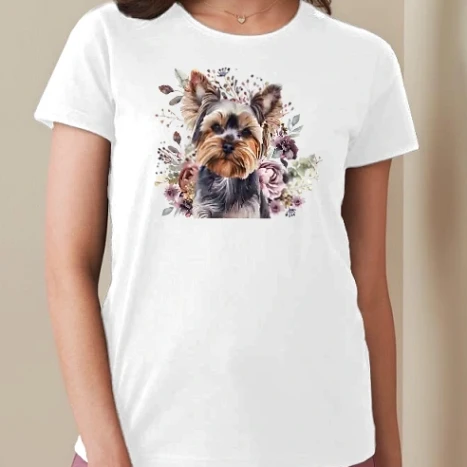 Női prémium kerek nyakú póló - Cuki Virágos Yorkshire terrier kutyás minta, Yorki minta
