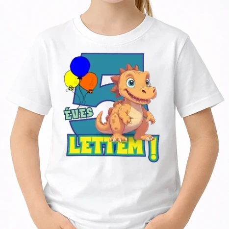 Uniszex gyerek Póló - 5 éves lettem dínó szülinapos minta gyerekeknek