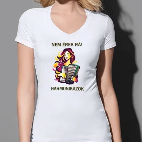 Női prémium V-nyakú póló - Nem érek rá, harmonikázok