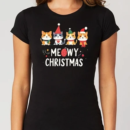 Női Alap póló - Macskás karácsonyi minta