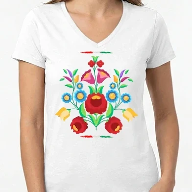 Női V-nyakú póló - Magyar népi motívum - kalocsai minta