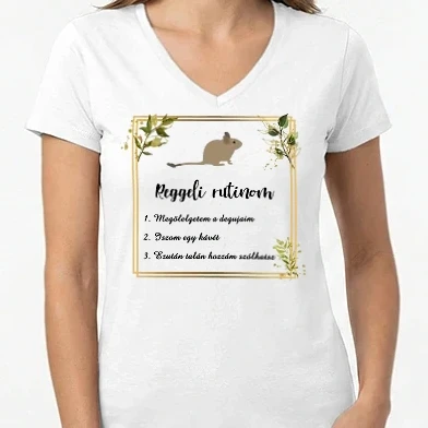 Női V-nyakú póló - Reggeli rutin (degu)