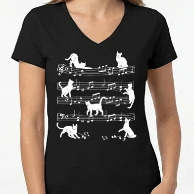 Női V-nyakú póló - Cicás kotta