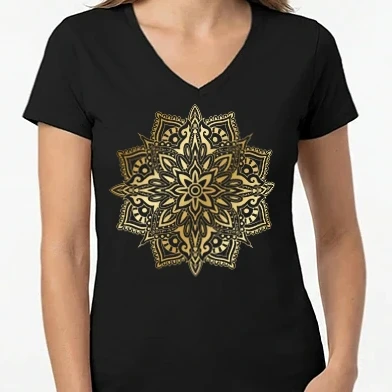 Női V-nyakú póló - Arany mandala