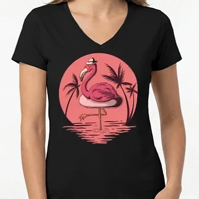 Női V-nyakú póló - flamingo summer
