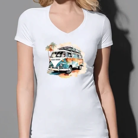 Női prémium V-nyakú póló - Hippi busz