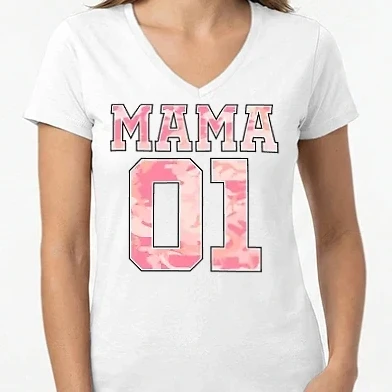 Női V-nyakú póló - Mama 01 (pink terep minta)