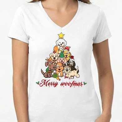Női V-nyakú póló - Merry Woofmas