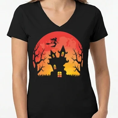 Női V-nyakú póló - Halloween mansion