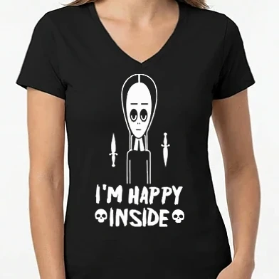 Női V-nyakú póló - WEDNESDAY Happy inside