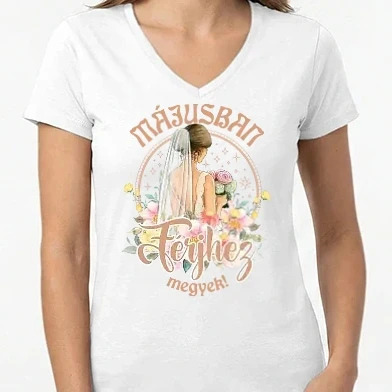 Női V-nyakú póló - Férjhez megyek floral bézs MÁJUS