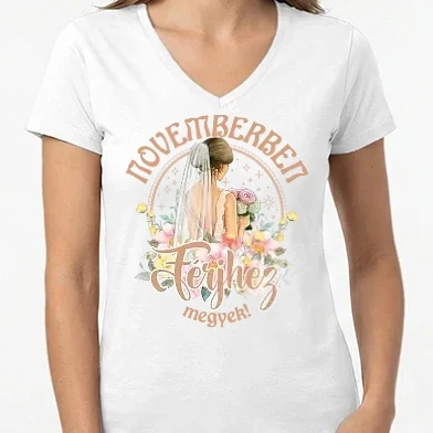 Női V-nyakú póló - Férjhez megyek floral bézs NOVEMBER