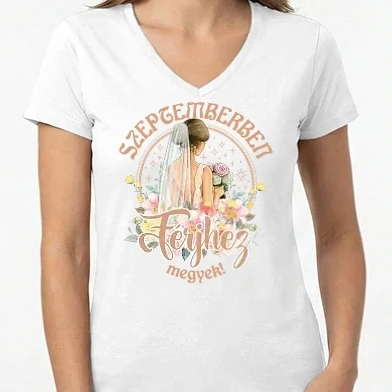 Női V-nyakú póló - Férjhez megyek floral bézs SZEPTEMBER