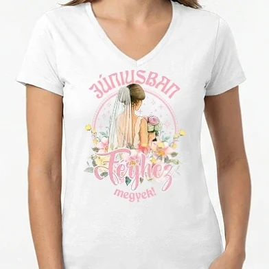 Női V-nyakú póló - Férjhez megyek floral világos pink JÚNIUS
