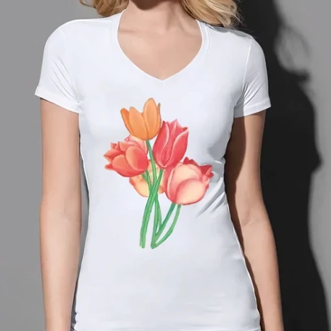 Női prémium V-nyakú póló - Tulipánok