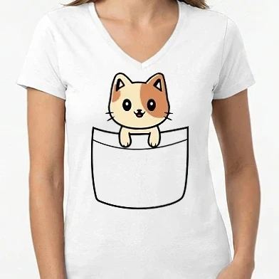 Női V-nyakú póló - Pocket Kitty