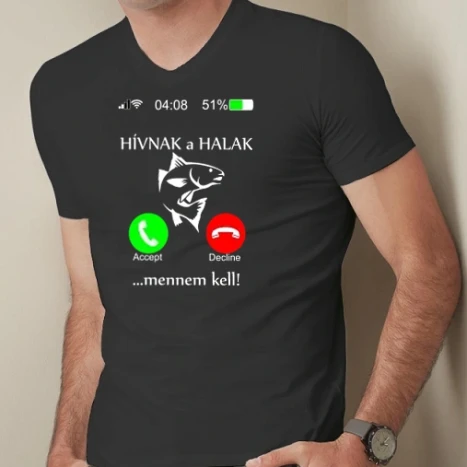 Férfi prémium fit V-nyakú póló - hív a horgászat FEHER