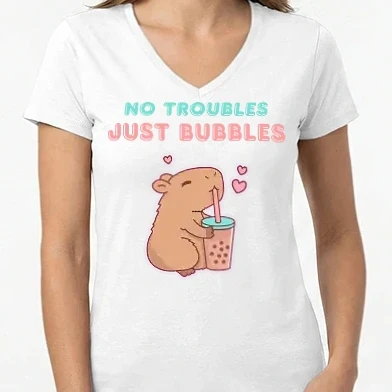 Női V-nyakú póló - Bubble Tea Capybara