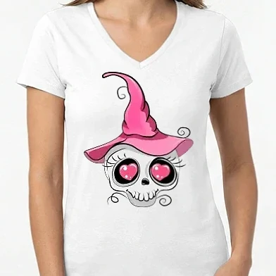 Női V-nyakú póló - Boszorkány koponya valentin póló minta