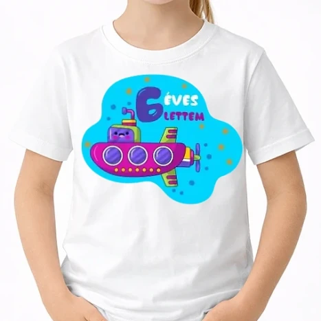 Uniszex gyerek Póló - 6 éves lettem tengeralattjárós szülinapi minta
